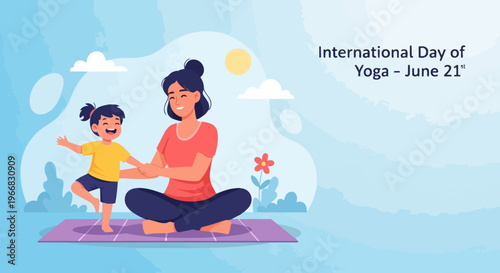 Woman, child doing yoga for Yoga Day. Mother, daughter perform balancing poses on mat, embodying wellness, peace, promoting International Day of Yoga. Concept health, fitness promotions Yoga Day.