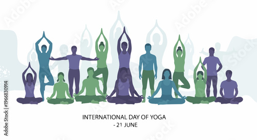 Colorful Yoga day banner featuring silhouettes of people in various yoga poses against a light background.