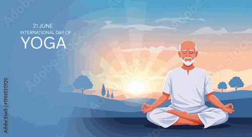 Illustration depicting senior man meditating for International Yoga Day, sitting in lotus pose. Calm man practices meditation, celebrating International Yoga Day with serene landscape at sunrise.
