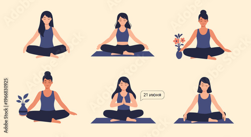 Collection of women practicing yoga meditation in various serene poses, illustrating mindful relaxation. Each individual engaged in yoga meditation,