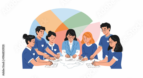 Young professionals engaged in team collaboration, discussing ideas around table. Diverse group facilitates productive team collaboration, sharing insights on tasks.