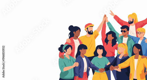 Stylized diverse group illustration depicts people holding hands, arms linked. Inclusive diverse group demonstrates community, collaboration, representing unity, support.