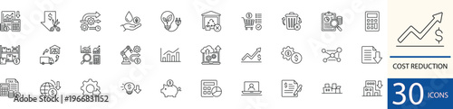 Flat line vector cost reduction icon set showing savings, budget control, and efficiency concepts in clean minimal style. Perfect for finance and business design use.