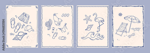 Minimal summer vacation posters, covers, templates, set with beach line summer vacation drawings in clean blue sketch style on neutral background.Vintage Style Beach Sketch Cards vector illustration