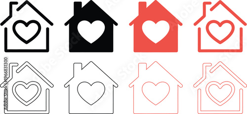 Simple house with heart symbols in various styles and colors