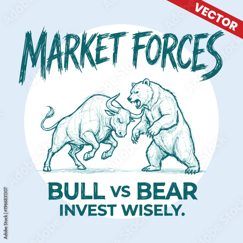 Market Forces Bull vs Bear Typography Design with Fighting Animals Line Art for Financial Blog and Investment Advice Concept