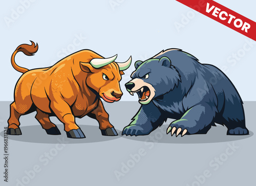 Dynamic Full Body Bull and Bear Fighting for Market Supremacy Vector Illustration for Trading Education and Financial Analysis