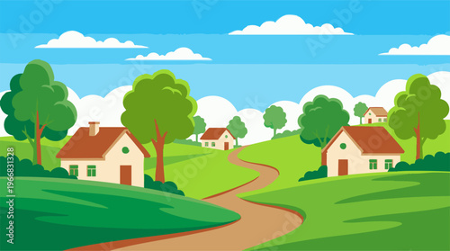 Idyllic cartoon village landscape with green hills, houses, and winding path