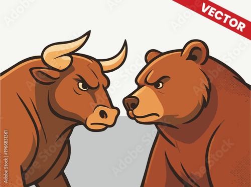 Angry Bull and Bear Comparison Concept for Cryptocurrency and Stock Market Volatility Vector Illustration Isolated on Background