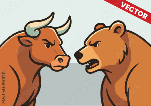Minimalist Cartoon Bull and Bear Head To Head Close Up Illustration for Financial Stock Market Analysis and Trading App Vector