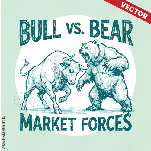 Bull vs Bear Fighting Scene with Market Forces Typography Retro Style Vector Illustration for Financial News and Investing Concept