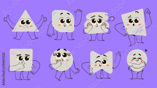 Set of cute geometric shape characters with various facial expressions and emotions. Hand drawn vector doodle illustration of triangle, square, circle and star personages for kids education and psycho