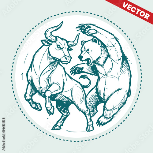 Bull and Bear Fighting Sketch Concept for Stock Market Exchange, Financial Competition Illustration, Trading Strategy Vector, Wall Street Business Battle, Hand Drawn Investment Growth Graphics