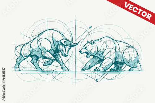Technical Blueprint Sketch of Bull and Bear Market Struggle with Geometric Circles and Grid Lines for Professional Financial Analysis and Stock Market Trading Performance Vector Illustration