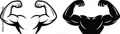 Stylized black and white of flexing muscular arms in silhouette and outline