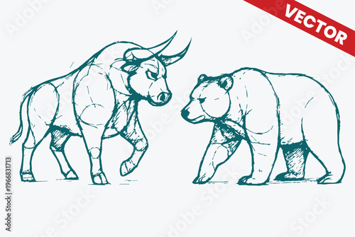 Hand Drawn Sketch of Bull and Bear Fighting for Stock Market Supremacy Financial Concept Art Illustration of Economic Growth and Recession Trends Isolated on White Background for Business Design