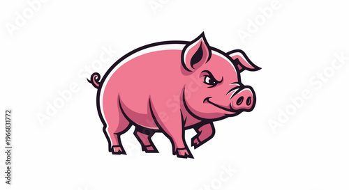 A stylized pink pig with a determined expression walks forward