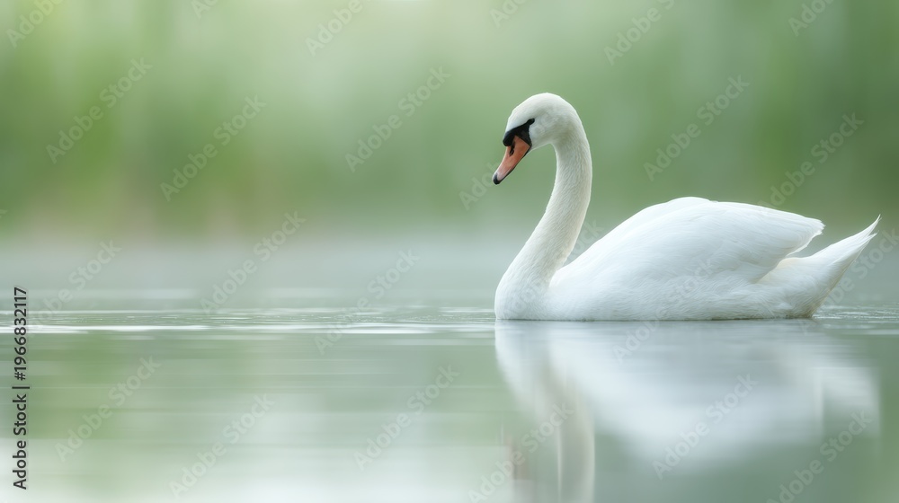 Fototapeta premium White swan swimming on calm lake with perfect reflection in water nature beauty concept