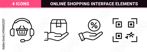 minimalist Monoline E-Commerce and Digital Retail Icon Set Featuring Geometric Line Art for Modern Web Interfaces and Logistics Apps