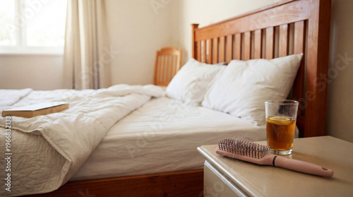 A natural light photograph of a cozy and slightly unkempt bedroom with a bed, book, tea, and hairbrush.