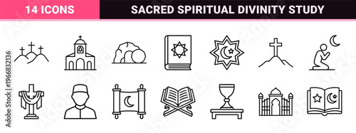 World Religions and Theology Minimalist Monoline Icons. Geometric Line Art for Spiritual Study, Faith Communities, and Philosophical Education.