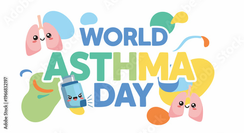 World Asthma Day colorful illustration with lungs and inhaler in playful cartoon style for health awareness campaign