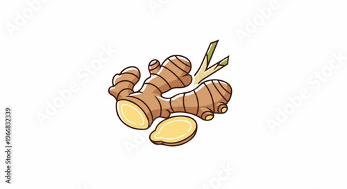 A stylized cartoon drawing of a brown ginger root, sliced and with green shoots