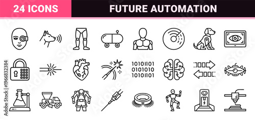 Minimalist monoline robotic device symbols featuring geometric line art for automation, artificial intelligence, and industrial technology.