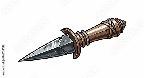 A stylized dagger with a sharp, faceted blade and a rough, banded handle