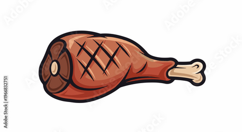 A stylized, cartoon-like depiction of a grilled meat leg with a bone