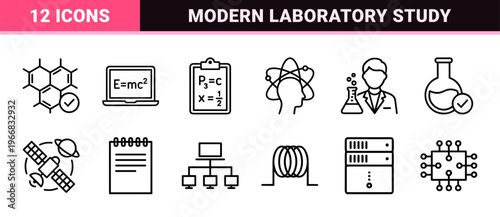 Minimalist monoline science icons featuring geometric line art for laboratory research, biotechnology, and academic physics education.