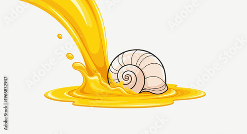 A snail shell is partially submerged in splashing yellow liquid
