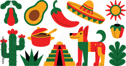 Vibrant Mexican cultural and symbols in a flat style