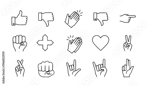 Hand gesture line icon collection with thumbs, fists, handshake, and social symbols editable stroke vector