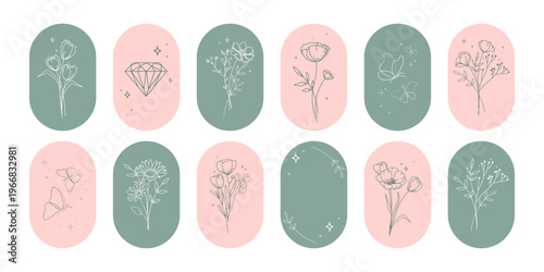 Minimal emblem icon set with hand drawn floral line art in oval frames with flowers leaves butterflies and diamond crystal badges for branding logos social media highlights packaging design.Vector