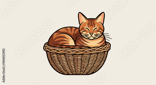 A striped cat peacefully naps in a woven basket on a light background