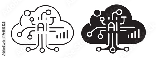 artificial intelligence cloud line icons set, neural network circuit with data processing elements, technology vector outline collection on transparent background