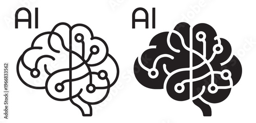 artificial intelligence brain line icons set, neural network circuit, data processing technology vector outline collection on transparent background