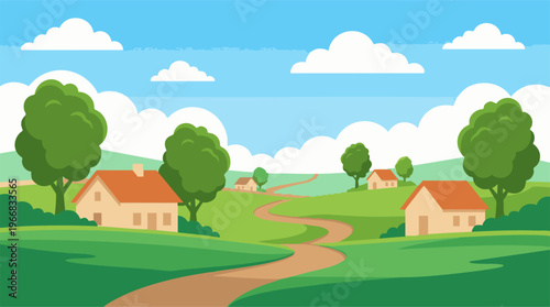 Cartoon village landscape with houses, green hills, trees, and winding path.