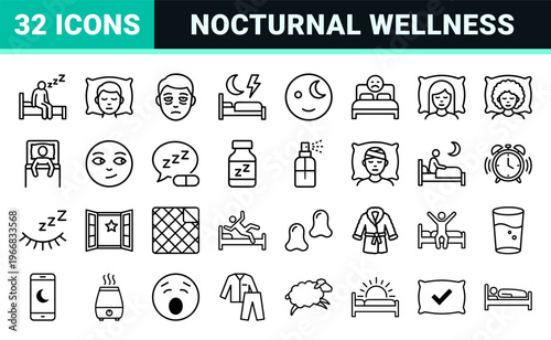 Minimalist Monoline Sleep Disorders and Insomnia Treatment Icon Set. Professional Geometric Line Art for Healthcare and Wellness Apps.