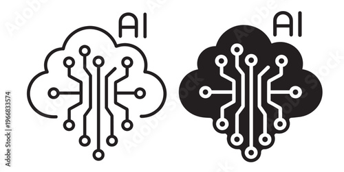 artificial intelligence cloud line icons set, neural network circuit, data processing technology vector outline collection on transparent background