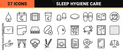 Sleep Hygiene and Insomnia Wellness Minimalist Geometric Line Art Set for Circadian Health Apps and Professional Medical Interface Design.