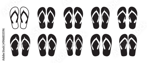 Set of diverse black and white flip-flops illustrations, top view, on clean background for summer footwear design.