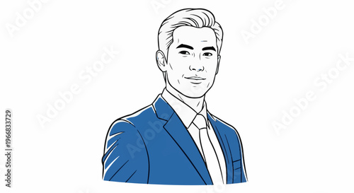 A stylishly drawn, smiling businessman in a blue suit and white tie
