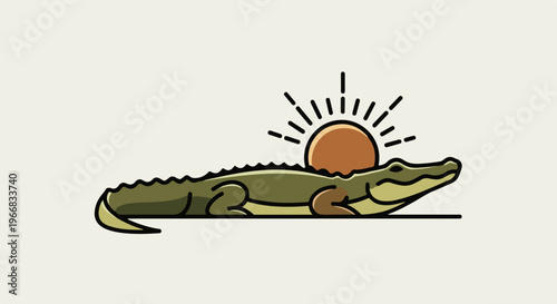 A stylized alligator lies on its stomach with a sun rising behind its head
