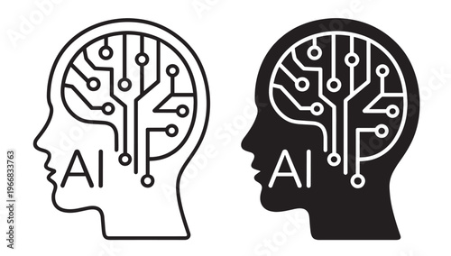 artificial intelligence human head line icons set, brain neural circuit network, technology vector outline collection on transparent background