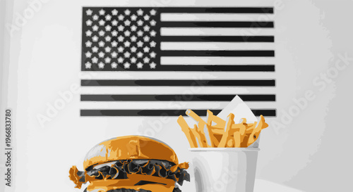 A stylized American flag backdrop behind a burger and fries