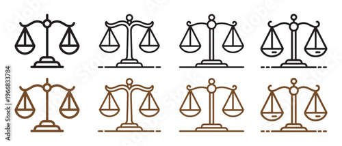 Line Art Balance Scales Icon Set. Justice, Law, and Equality Symbols in Black & Brown on White Background.