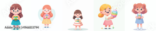 vector of a little girl standing happily holding an Easter egg
