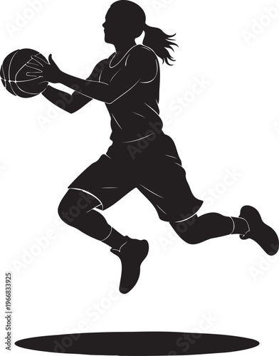 Dynamic silhouette of a female basketball player leaping with the ball, embodying the intense athleticism and competitive spirit of women's sports